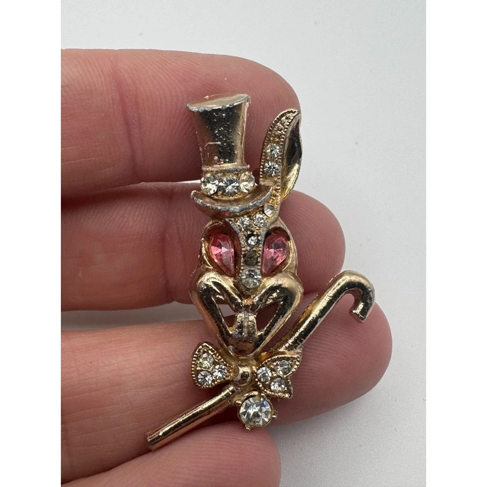 Vintage Bunny Brooch Dapper Rabbit Pink Rhinestone Eyes Figural